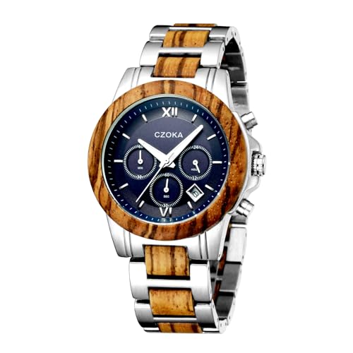 CZOKA Reloj de Pulsera de Cuarzo analógico, 100% Sandalwood/Ebony/Zebra Wood/Movimiento de Cuarzo japonés Relojes de Pulsera Ajustable de Madera, con Caja de Regalo y Herramienta, Retroiluminación,