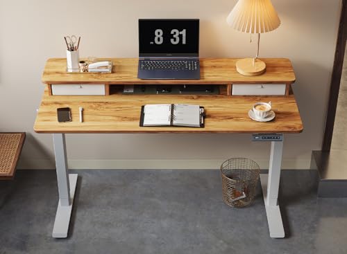 Image of FEZIBO 55 x 24 Inch Height Adjustable Electric Standing Desk with Double Drawer, Computer Desk, Home Office Stand Up Table with 4 Height-Adjustable Feets & 2 Hooks, Light Rustic