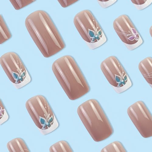 Abatare French Tip Press On Nails Pink Fake Nails Medium Length Glue On Nails Square False Nails With Pink Blue Butterfly Design White Tip Acrylic Press On Nails Cute Artificial Nails Glossy Stick On Nails thumb #1