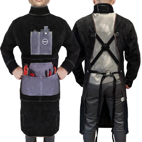 Image of ESDO Leather Welding Apron with Sleeves – Heat & Spark Resistant, Full Body Coverage, Adjustable Fit, Wear-Resistant Design (M)