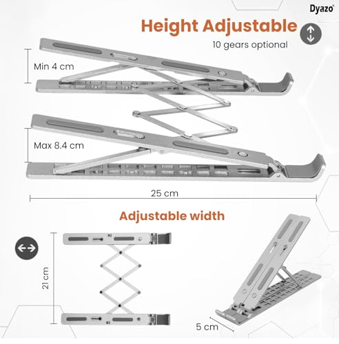 Image of Dyazo 10 Angle Aluminum Laptop Stand Portable & Fully Foldable Raiser Compatible for Lenovo, Dell, MacBook & All Other Notebooks 10 inch-15 .6 Inch (Silver)