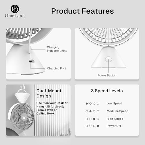 Image of HOMEBASIC Mini Table Fan for Home & Office| Portable handheld Desk Fan with 3 Adjustable Speed, 360 Rotation, Type C Rechargeable, 2400 RPM Motor| 7 Inches Quiet Cooling Fan for Travel (Grey & White)