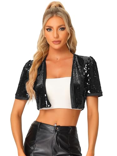 Image of Allegra K Sequin Cardigan for Women Puff Sleeve Open Front Jacket Sparkly Glitter Cropped Shrug Bolero