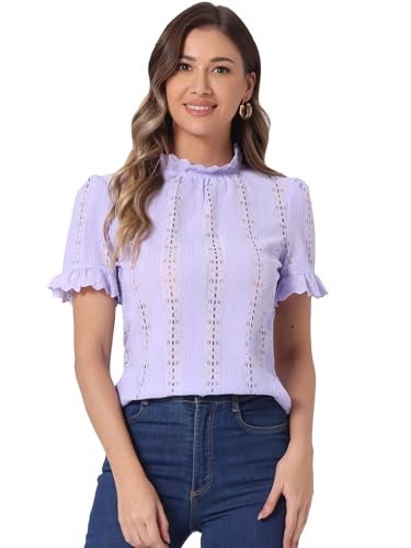 Chemisier à œillets femme violet col montant manches bouffantes