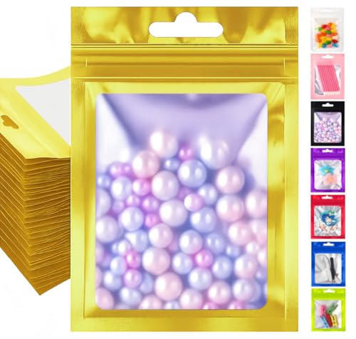 Plaphy 100 Bolsas Zip Herméticas con Ventana y Ranura para Colgar, Bolsas Mylar con Cierre Resellable, Bolsas de Aluminio Autocierre para Empaque y Almacenamiento de Alimentos (Dorado, 10,5 x 15 cm)