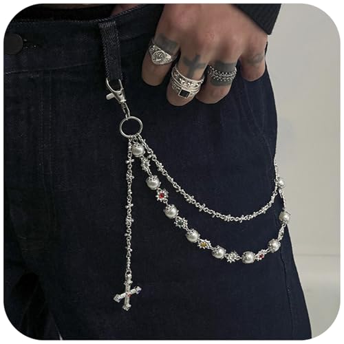 Fashion Layered Pants Wallet Chains - Exquisite Gold Silver Rhinestone Flower Pearl Jean Pocket Chain for Women Men Cute Bag Purse Charms Jewelry (silver link daisy)