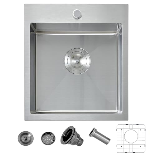 Image of 15 Drop In Bar Sink, 16 Guage Stainless Steel 13x15x9 Wet Bar Prep RV Outdoor Small Kitchen Sink Topmount Single Bowl with Drain