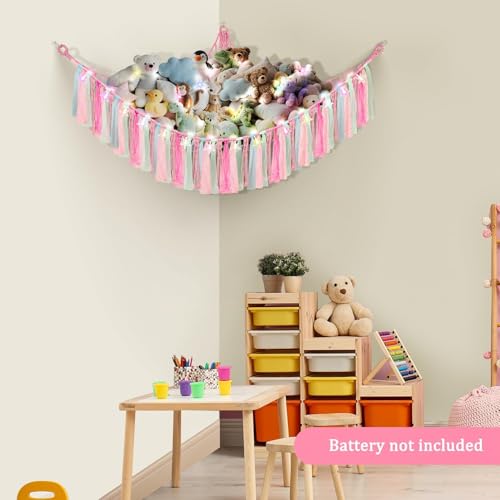 Lunriwis Kuscheltier Aufbewahrung Netz mit LED-Leuchten, Boho Makramee Spielzeug kinderzimmer deko, StofftieStofftier Aufbewahrungstasche Hängematte Aufbewahrung Kuscheltiere Rosa