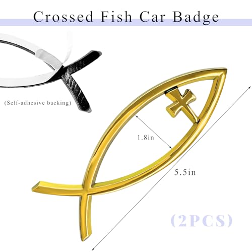 Image of 2PCS Christian Cross Fish Car Emblem, Large Jesus Fish Cross Auto Emblem Badge Bumper Sticker, Weatherproof Christian Fishes Symbol Ichthus Religious Decal for Most Vehicles (Golden+Golden)