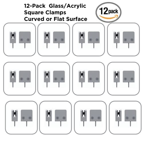 Square Glass Clamp, Glass Railing Spigot, Glass Bracket Holder, Silver Coated Aluminum Clamps For Flat And Curved Square Glass/Acrylic Surface. Clamps For Balustrade, Shelf Divider Panels (Pack Of 12) #TOP1