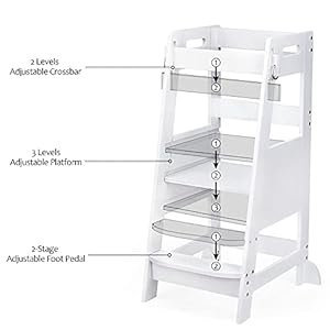 Toetol bamboo toddler kitchen step stool white helper standing tower height adjustable with anti slip protection for kids kitchen counter learning  urban country home decor
