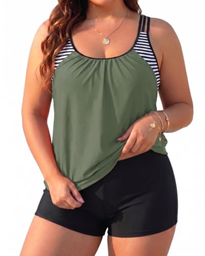 Image of Womens Plus Size Tankini Swimsuit Two Piece Tummy Control Bathing Suit | Blouson Racerback Tankini Top with Shorts, Double Up Design, Removable Pad