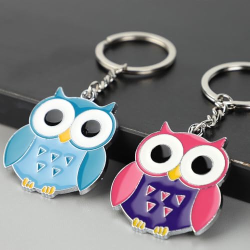 Mecmbj Schlüsselanhänger Eule, Cartoon Eulen Metall Taschenanhänger für Geldbörse, Rucksack, Handtasche, Glücksbringer Eule Schlüsselanhänger Damen für Familie, Freunde, Paare (rot, blau)