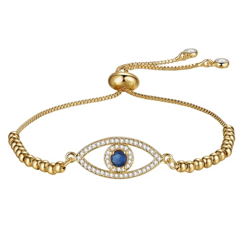 Image of Flongo Womens Evil Eye Bracelet: Gold Silver Adjustable Slider Chain Bracelet - Hypoallergenic Cubic Zirconia Grass Jewelry Gift for Women Girls