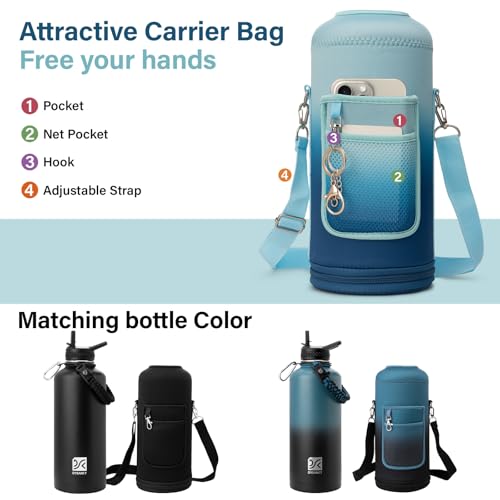 Insulated Water Bottle | Thickened Stainless Steel for Gym and Hiking with Straw, Carrier Bag, Handle Strap | BPA-Free 87 oz