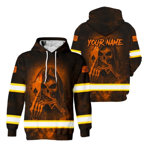 Maddly Hi Vis Hoodie Reflective Skull Orange Neon US Flag Custom Name Safety Workwear for Workers, Cyclists, Truckers, Operator, Patriotic, Skull Lover-XL