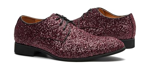 Image of Men's Glitter Oxford Dress Shoes Loafer Burgundy, Lace-up Design,Sparkly Glitter Encrusted for Wedding Prom Black Golden Silver Wine red
