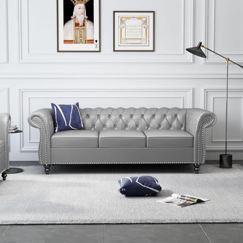 Image of WOODEN WORLD Modern & Classic Leather Sofa Set - Luxurious Comfort, Stylish Design, and Durable Build (Grey, 3 Seater)