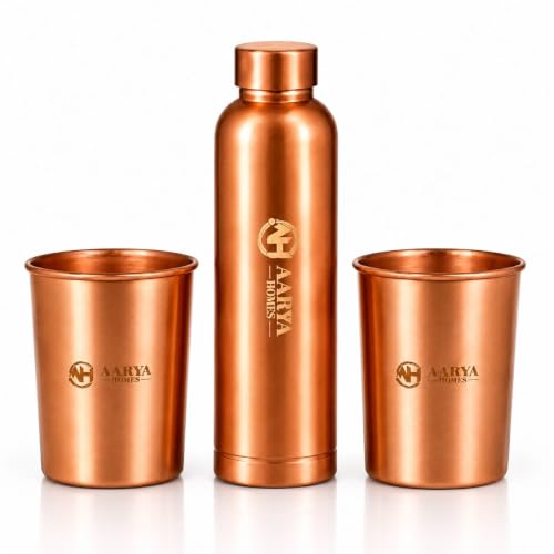 Image of Pure Plain Copper Water Bottle (950ml) with 2 Copper Glasses (300ml) Combo Set | High-Grade Pure Copper | Gifting Item for Festival, Wedding, Birthday & Corporate Gifting | PURE LIVING.