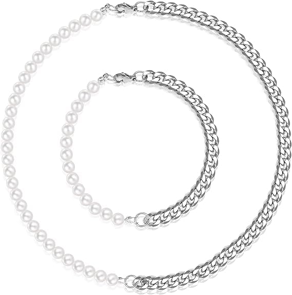 INSELLBERG Stainless Steel Cuban Chain Pearl Chain Necklace Bracelet Set for Men, Off-White Pearl Chain Jewelry Set for Women, Half Pearl Half Chain Necklace Bracelets (B0CNNBSCZG) Amazon Price History, Amazon Price Tracker