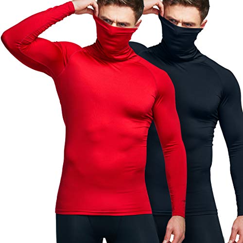 ATHLIO Men's Fit Mock Long Sleeve Compression Shirts, Athletic Workout Shirt, Active Sports Base Layer Top, Face Cover 2pack(btl47) - Black/Red,X-Large