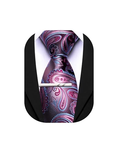 Image of Barry.Wang Paisley Tie for Men Silk Woven Necktie and Tie Clip Set Wedding Party Business Formal