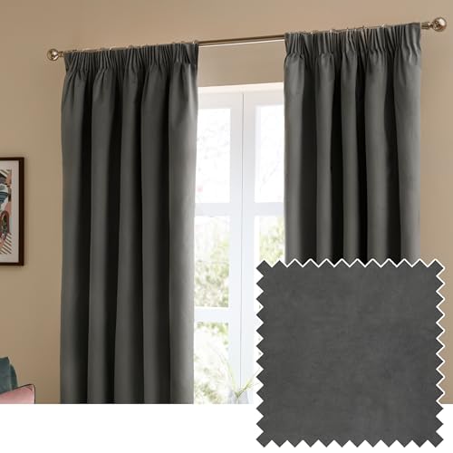 furn. The Ultimate Velvet Blackout Pencil Pleat Curtain Pair – Soft Stylish Light Blocking Thermal Matte Velvet Drapes (Charcoal - 168x137cm)