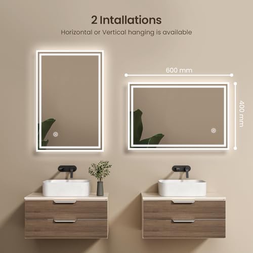 EMKE Bathroom Mirror with LED Lights, 40 x 60 cm Illuminated Wall Mounted Vanity Mirror, Backlit Bathroom Mirrors with Dimmable/Anti-fog/Touch Switch, Hardwired, IP44 - Cosy Home Interiors EMKE Bathroom Mirror with LED Lights, 40 x 60 cm Illuminated Wall Mounted Vanity Mirror, Backlit Bathroom Mirrors with Dimmable/Anti-fog/Touch Switch, Hardwired, IP44 - Image 6