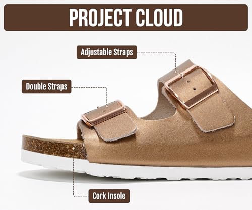 Image of Project Cloud 100% Genuine Leather Flat Sandals For Women 2026 Cork Footbed Womens Sandals with Memory Foam and arch support Vacation Essentials Slides for Women Footwear (Venita)