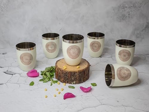 Image of JISCOVERY Stainless Steel Printed Glasses Set of 6 for Water, Milk, Lassi & Juice| Serving Glass Set| Designer Glass Tumblers| Capacity- 300 ML (Each) (Beige, Round)