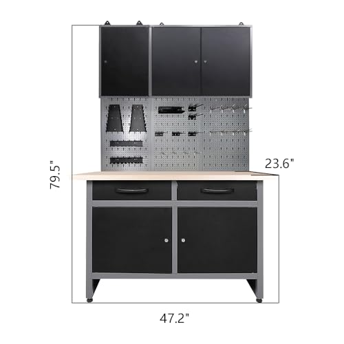Image of JZD Steel Storage Cabinet Set System, Included Metal Pegboard Wall Cabinets Wood Tabletop, for Garage Auto Repair Shops, Utility Room