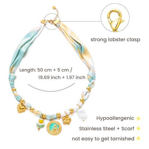 Harlermoon Scarf Necklace Heart Flower White Pink Blue Adjustable Bandana Choker Silk Western for Women Boho Beach Ceramic Jewelry (Yellow) — view 2