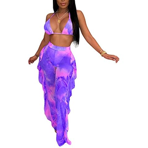 CQWL Women's Sexy Bra and mesh See-Through Hollow Out Ruffle Long Pants 2 Piece Outfits - Purple - X-Large Cover
