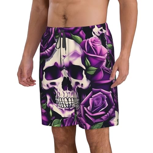 Many Purple Rose Skull Men's Flower Print Beach Shorts,Mens Swim Trunks Quick Dry Beach Shorts,Hot Summer Swim Trunks2