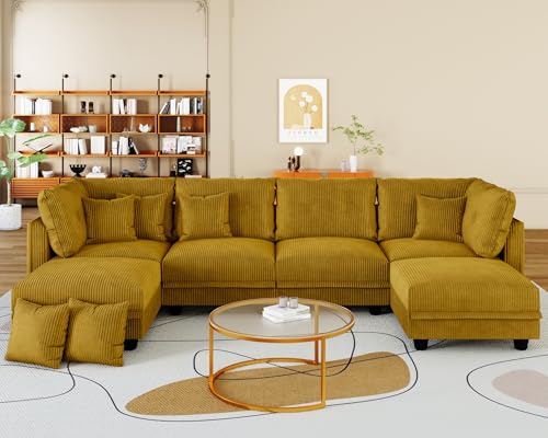 Image of LLappuil 112 inch Modular Sectional Sofa with Storage, U Shaped 6-Seat Corduroy Couch with 6 Throw Pillows, Convertible Sofa Set for Living Room & Apartment, Skin-Friendly & Soft, Yellow