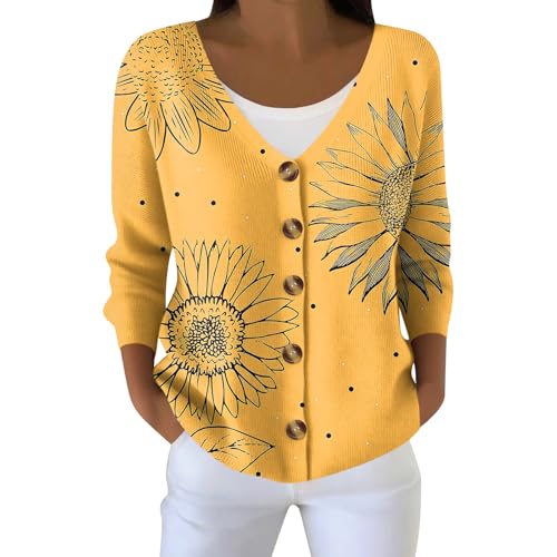 Oversized Sweaters for Women Cardigan Lightweight Button Up V Neck Knitted Chunky Cardigan Sweaters for Women Plus Size Fall Floral Print Trendy Long Sleeve Slim Fit Clothes Orange XXL