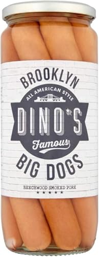 Dino's Famous All American Style Brooklyn Big Dogs 8 Large Beechwood Smoked Pork (75%) Hot Dogs in a Juicy Brine Perfect For BBQs & Cookouts 720 g Jar (Pack of 1)
