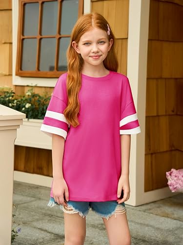 Image of Girls Oversized T Shirts Kids Summer Striped Short Sleeve Tops Casual Crewneck Tees 5-14 Years