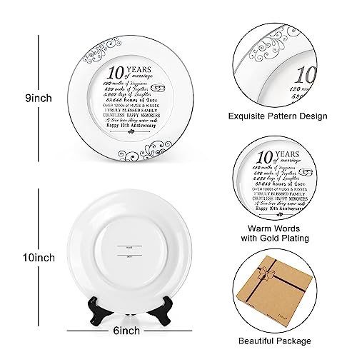 Urllinz 10th Anniversary Plate with Platinum Foil Decorations - 10 Year Wedding Tin Gifts for Her Couples Wife Him Husband, Ceramic 9"