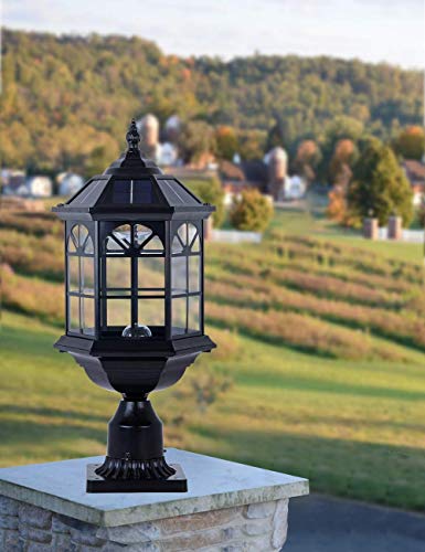 Gydz Solar Post Light Fixture Outdoor Solar Pier Light, Solar Lamp Post Light For Garden, Patio, Vintage Design Die Cast Aluminum Post Light In Oil-Rubbed Black With Clear Glass, Hard Wired Available #TOP4