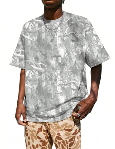 UOUA Mens Camo Shirt Graphic Tees Vintage T-Shirts Oversized Maple Leaf Print Casual Crewneck Top Streetwear Brown