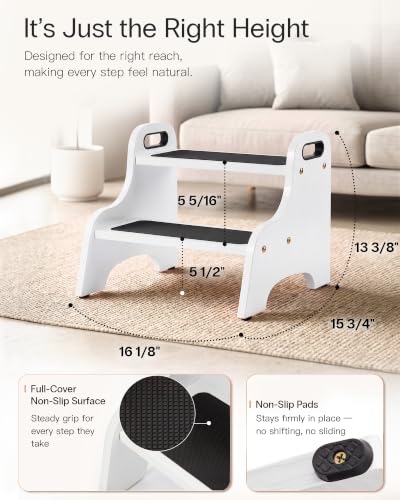 Image of StrongTek Wood 2 Step Stool, White | Non-Slip Surface, Portable Handles, Skid Resistant Foot Pads, 350 lb Capacity