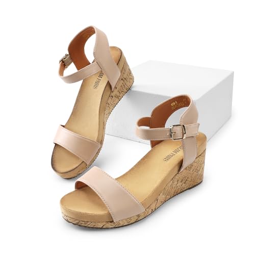 DREAM PAIRS DREAM PAIRS Women's Open Toe Buckle Ankle Strap Platform Wedge Sandals for Women Summer Dressy Shoes,Size 8,Nude/Pu,NINI-8