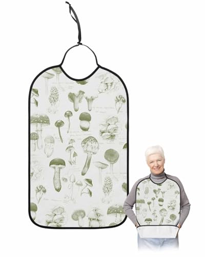 LEOKOTI Vintage Sage Green Mushroom Adult Bibs for Eating, Waterproof Bibs with Food Catcher & Adjustable Snap Closure, Fall Botanical Farmhouse Washable Clothing Protectors Adult Bibs for Elderly