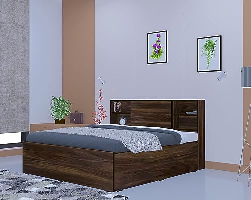 Image of Torque Magnus Engineered Wood King Size Bed with Storage and Back Storage - Brown | Wooden Palang Diwan Cot for Living Room Furniture | Double Bed for Sleeping