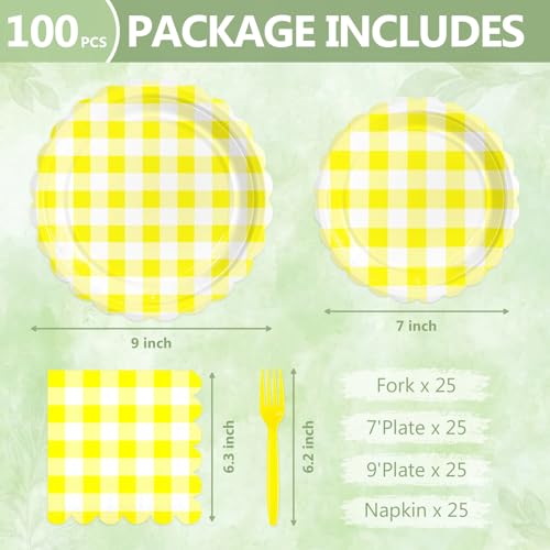 Image of 100 Pcs Yellow Gingham Paper Plates and Napkins Disposable Set for Party