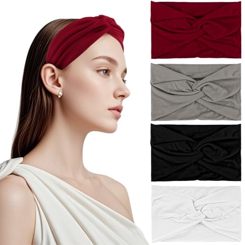 UKOFEW 4 Piezas Diadema para Mujer Turbante Bohemia,Cinta Pelo Elástico Ancho Turbantes,Extra Grande Turbante,para Cabello Diadema Accesorios