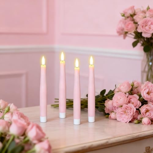 Image of Pink Flameless Taper Candles, Spring LED Flickering Taper Candles Battery Operated with Remote Timer, 4 Pcs Flameless Candlesticks for Spring Wedding Home Decorations(D0.78 inch x H8.1 inch)
