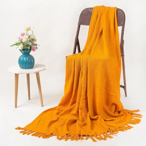 Image of Handmade Jute Cotton Sofa Throw Blanket 50x60 Inch Solid Soft for Couch, Living Room, Bed Reversible and Breathable (Orange)