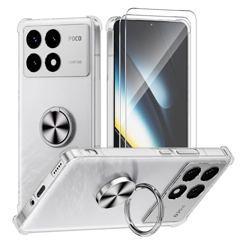 Coque Xiaomi Poco F6 Pro 5G transparente en silicone avec bague de support argent